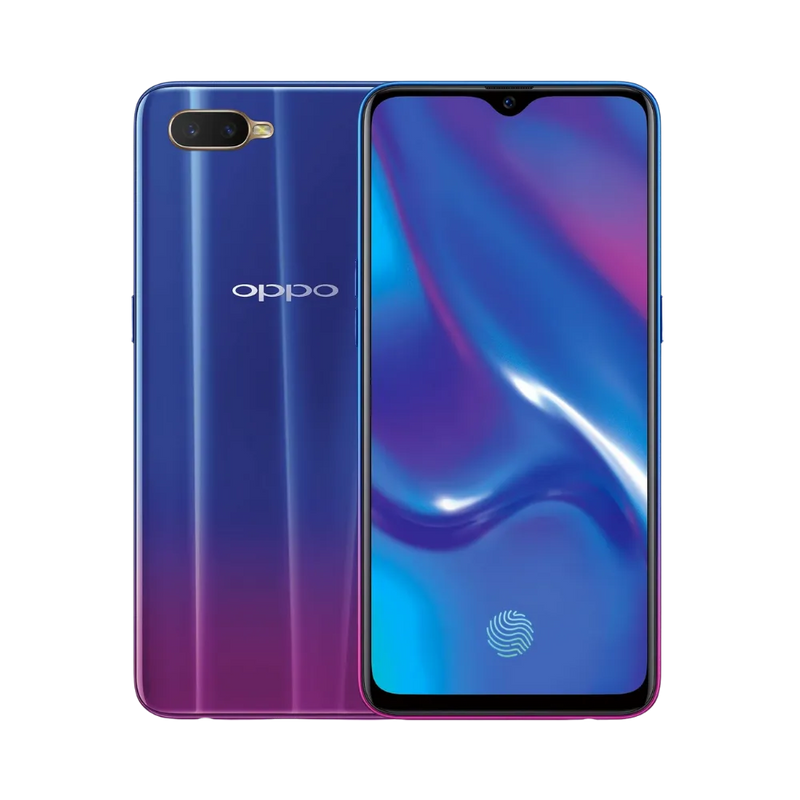 Photo Oppo RX17 Neo en vue avant avec écran allumé et arrière violet-bleu dégradé visible, angle trois quarts. Image optimisée iTelier Lyon pour réparation écran AMOLED, batterie, diagnostic gratuit et pièces garanties.