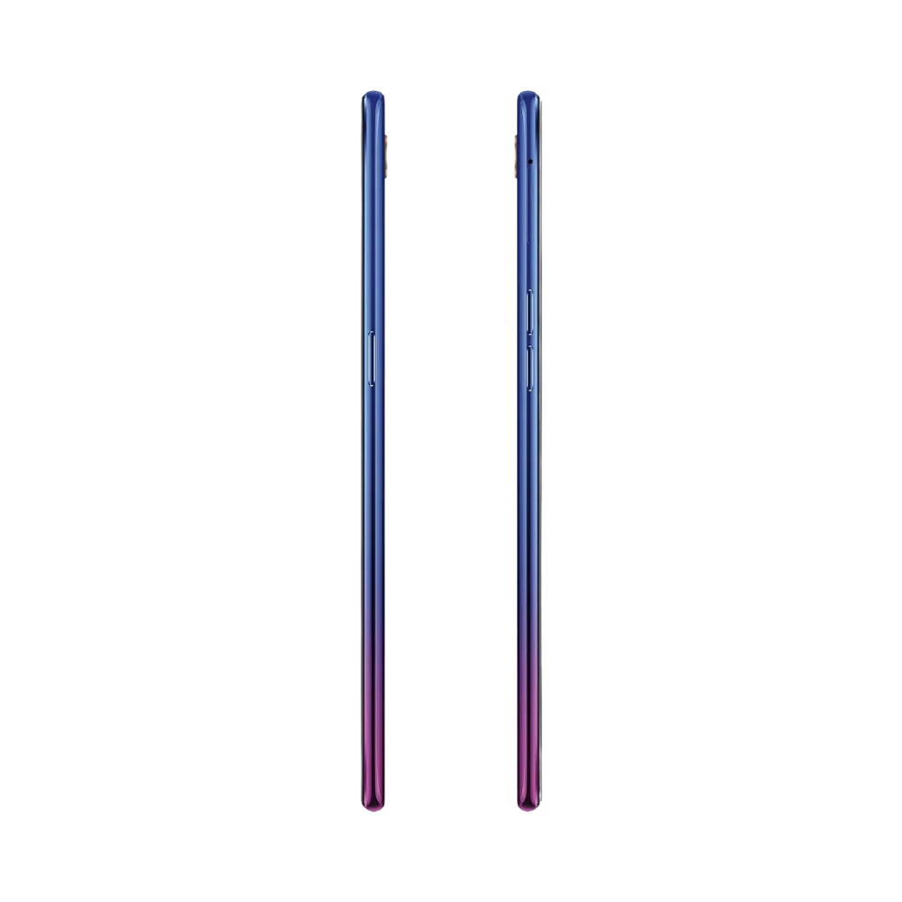Oppo RX17 Neo présenté de profil gauche et droit, finesse du châssis violet-bleu et boutons latéraux visibles. Image optimisée iTelier Lyon pour réparation boutons, connecteur et diagnostic gratuit.