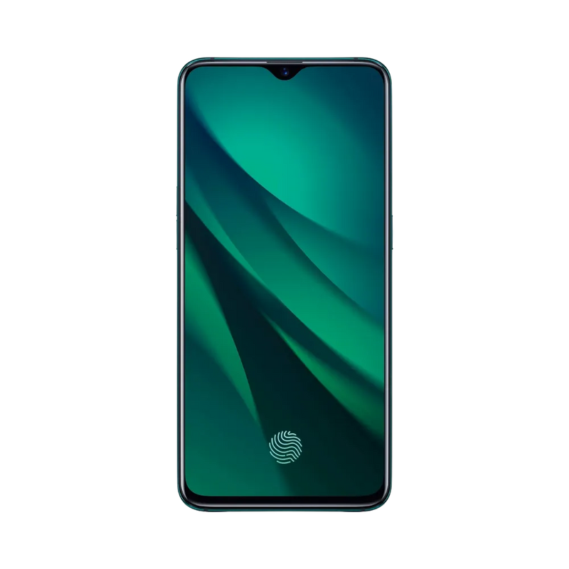 Oppo RX17 Pro affiché en vue frontale avec écran allumé sur fond vert stylisé. Illustration iTelier Lyon pour réparation écran cassé, vitre tactile, diagnostic offert et service rapide garanti.