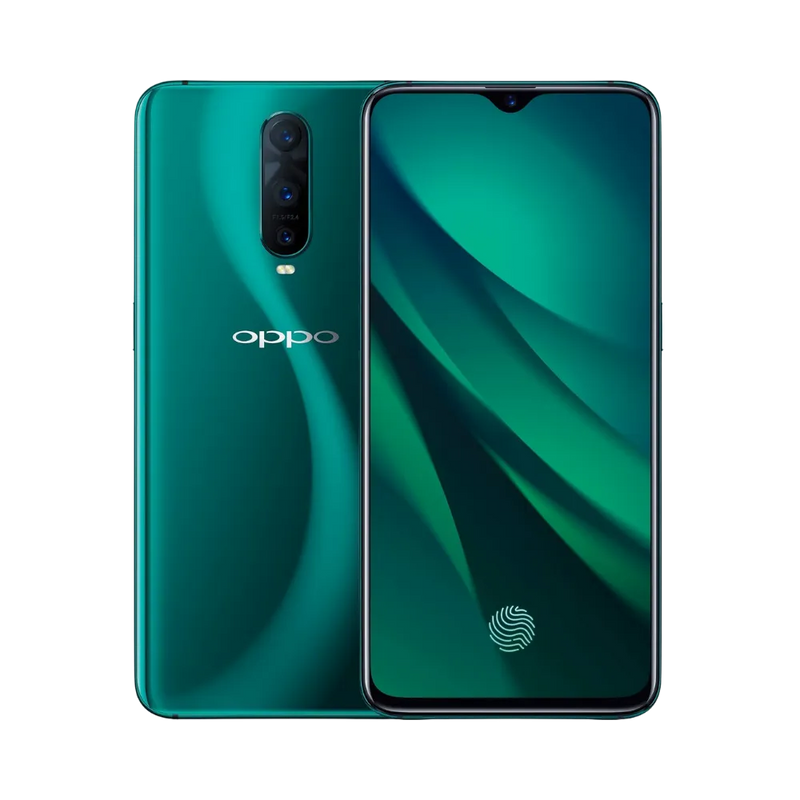 Photo Oppo RX17 Pro en vue avant avec écran allumé et arrière vert émeraude visible, angle trois quarts. Image optimisée iTelier Lyon pour réparation écran AMOLED, batterie, diagnostic gratuit et pièces garanties.