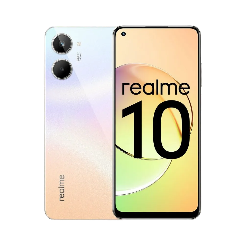 Réparation Realme 10 4G iTelier Lyon – smartphone affiché avec écran avant allumé en position verticale et dos nacré dégradé visible à gauche, optimisé pour remplacement écran, batterie et diagnostic gratuit en boutique.
