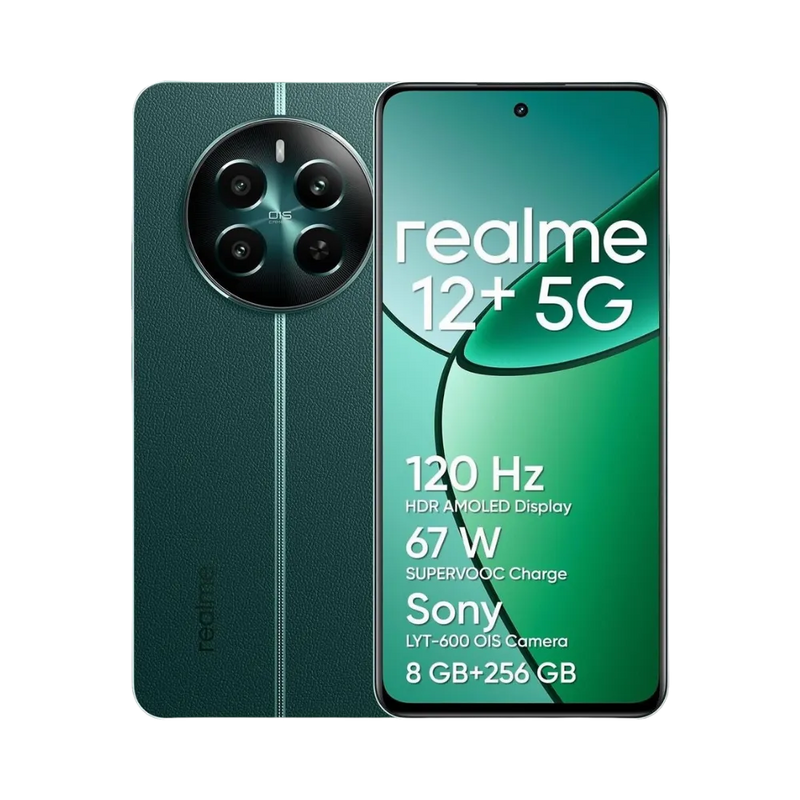 Réparation Realme 12+ 5G iTelier Lyon – smartphone affiché avec écran avant allumé en position verticale et dos vert foncé visible à gauche avec module photo circulaire, optimisé pour remplacement écran, batterie et diagnostic gratuit.