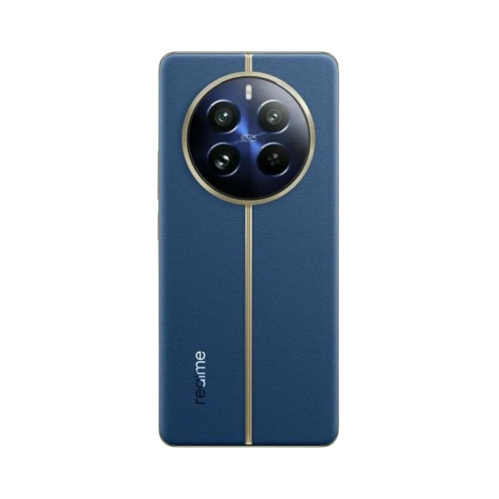 Réparation Realme 12 Pro 5G iTelier Lyon – smartphone montré de dos en position verticale, coloris bleu avec bande verticale dorée et grand module photo circulaire, optimisé pour réparation vitre arrière, caméra et batterie.