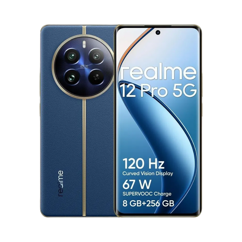 Réparation Realme 12 Pro 5G iTelier Lyon – smartphone affiché avec écran avant allumé en position verticale et dos bleu foncé visible à gauche avec module photo circulaire, optimisé pour remplacement écran, batterie et diagnostic gratuit.