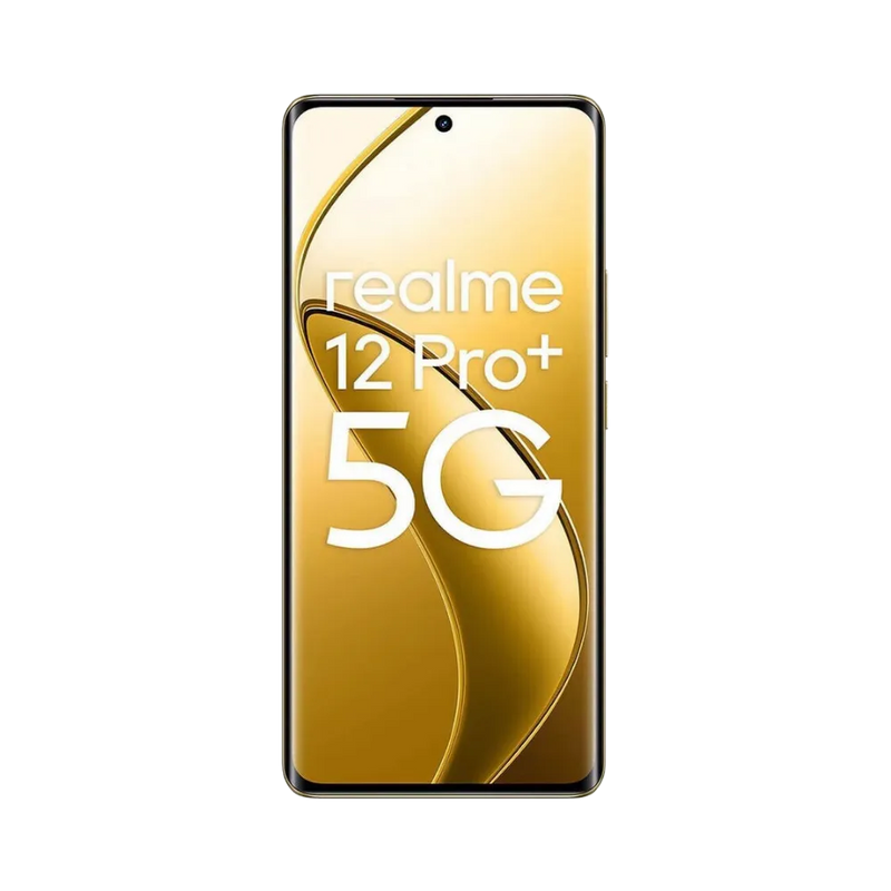 Réparation Realme 12 Pro+ 5G iTelier Lyon – téléphone présenté de face en position verticale, écran allumé avec fond doré et logo 5G, idéal pour réparation écran, diagnostic offert et changement batterie rapide.
