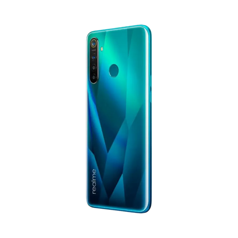 Réparation Realme 5 Pro iTelier Lyon – smartphone montré de dos en position verticale, coloris vert turquoise avec module photo vertical à quatre capteurs, optimisé pour réparation vitre arrière, caméra et batterie.