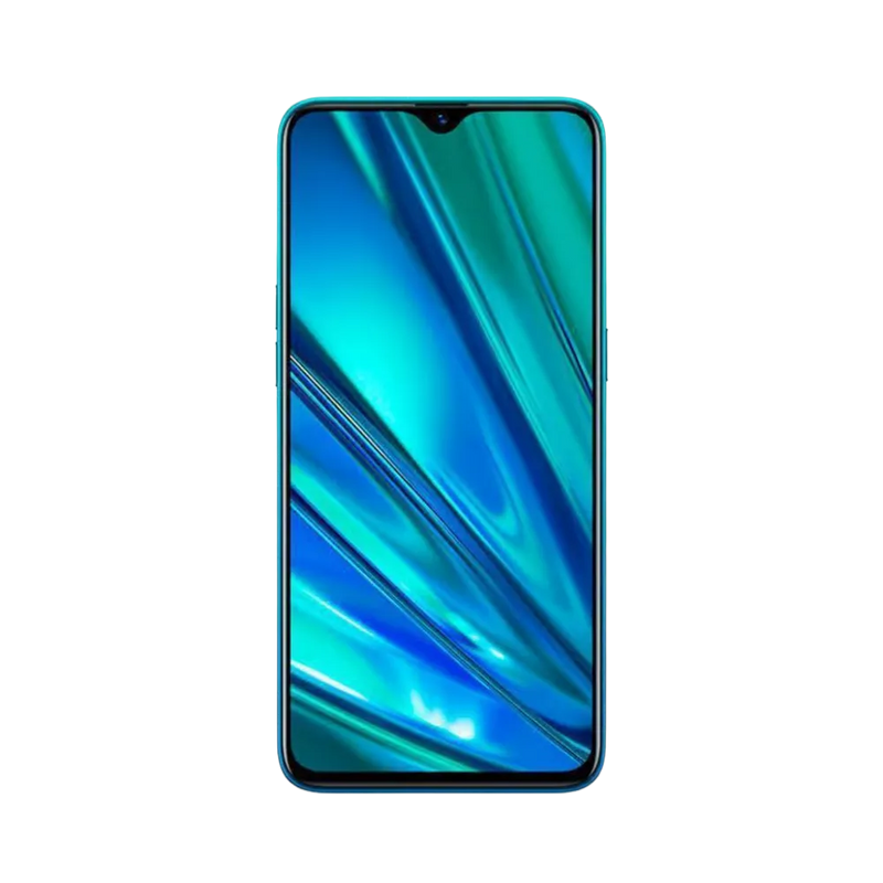 Réparation Realme 5 Pro iTelier Lyon – téléphone présenté de face en position verticale, écran allumé avec fond bleu turquoise en diagonale, idéal pour réparation écran, diagnostic offert et changement batterie rapide.