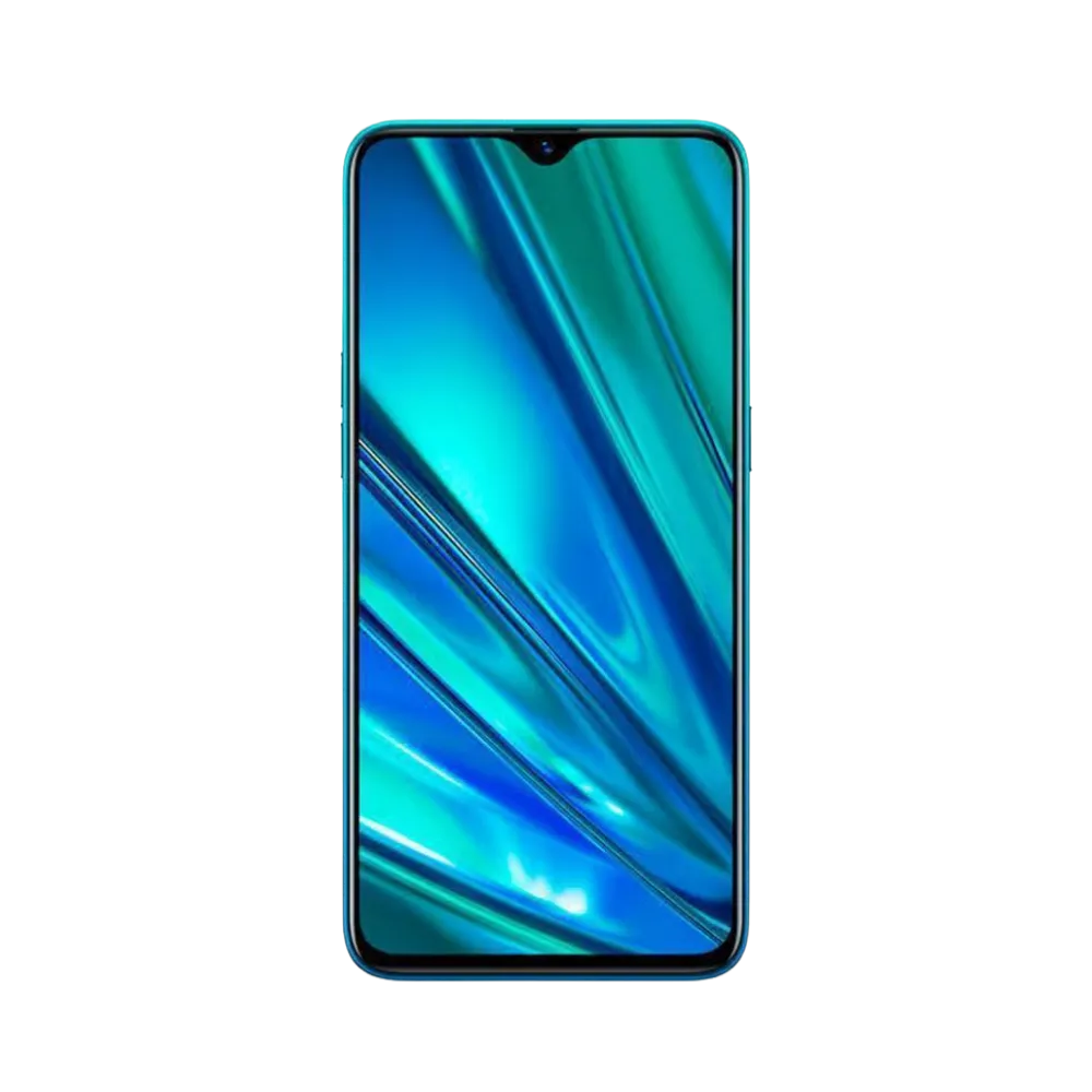 Réparation Realme 5 Pro iTelier Lyon – téléphone présenté de face en position verticale, écran allumé avec fond bleu turquoise en diagonale, idéal pour réparation écran, diagnostic offert et changement batterie rapide.