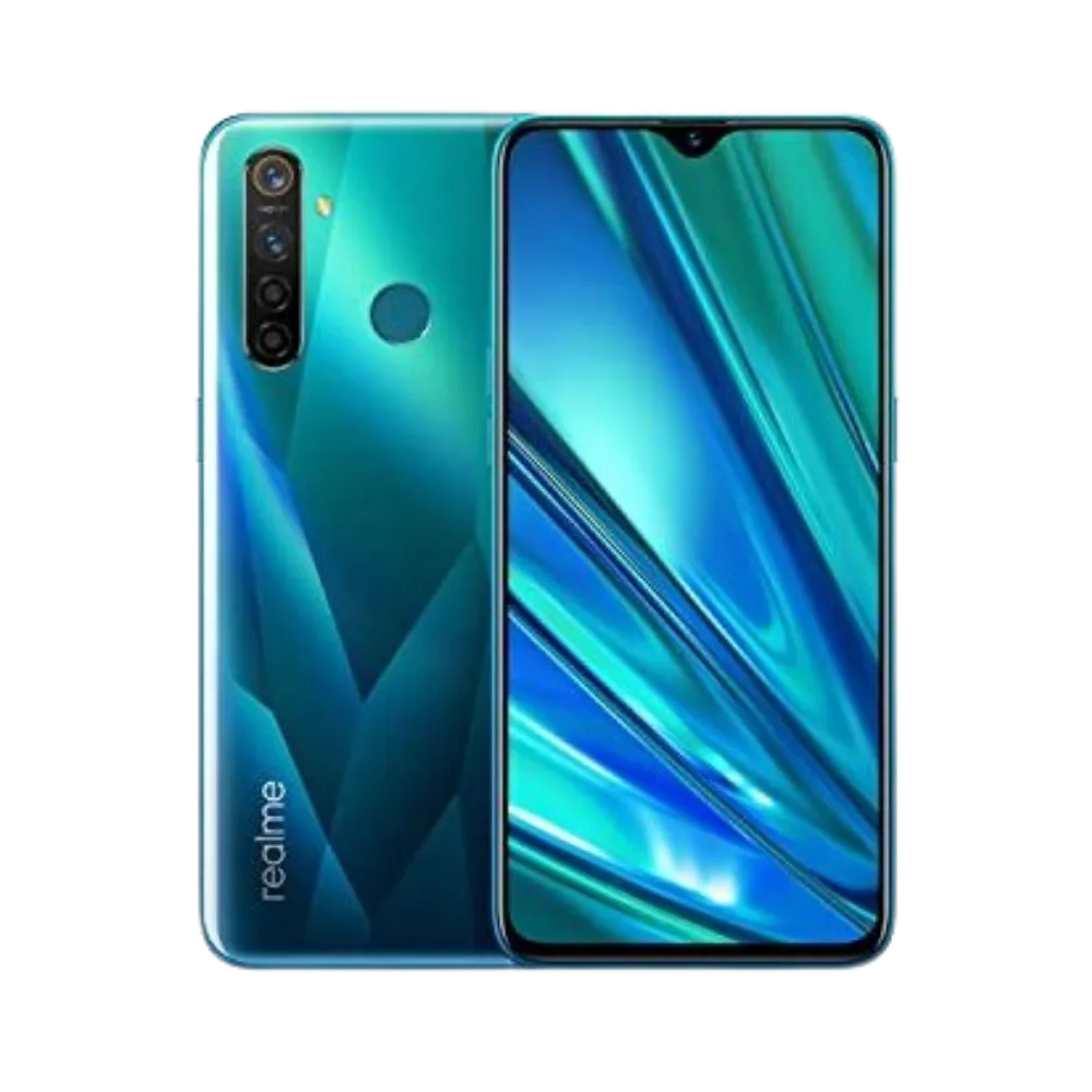 Réparation Realme 5 Pro iTelier Lyon – smartphone affiché avec écran avant allumé en position verticale et dos vert turquoise brillant visible à gauche, optimisé pour remplacement écran, batterie et diagnostic gratuit en boutique.
