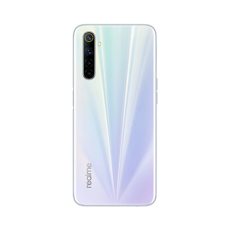 Réparation Realme 6 iTelier Lyon – smartphone montré de dos en position verticale, coloris blanc nacré avec module photo rectangulaire vertical, optimisé pour réparation vitre arrière, caméra et batterie.