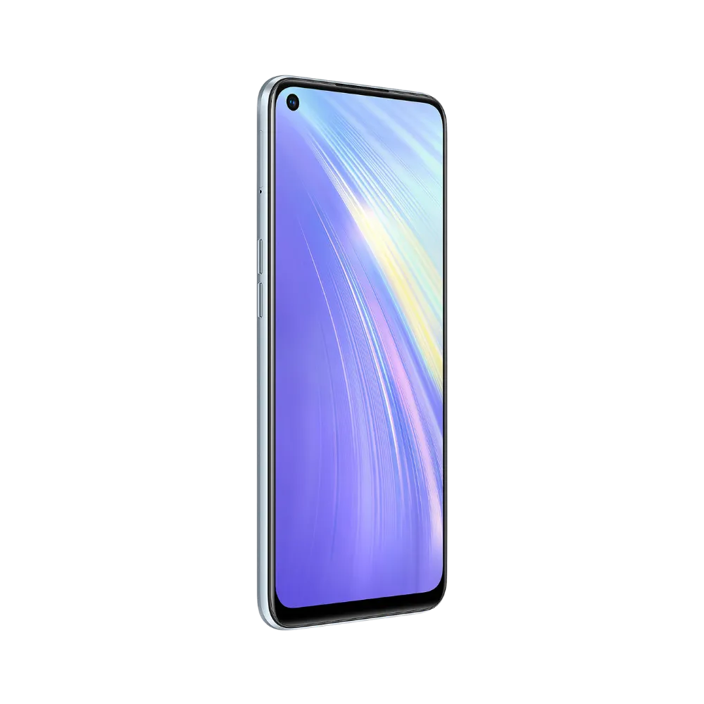 Réparation Realme 6 iTelier Lyon – téléphone présenté de face en position verticale, écran allumé avec fond violet et logo Realme 6, idéal pour réparation écran, diagnostic offert et changement batterie rapide.
