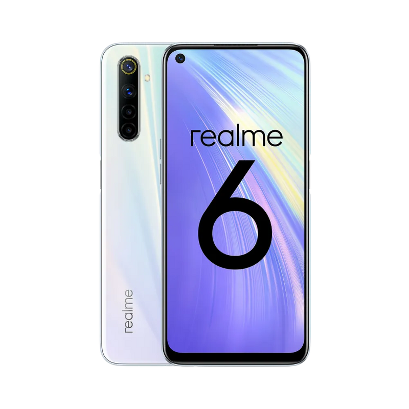 Réparation Realme 6 iTelier Lyon – smartphone affiché avec écran avant allumé en position verticale et dos blanc nacré visible à gauche, optimisé pour remplacement écran, batterie et diagnostic gratuit en boutique.