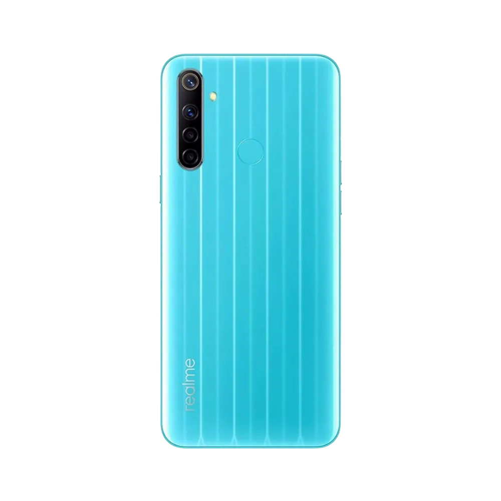 Réparation Realme 6i iTelier Lyon – smartphone montré de dos en position verticale, coloris bleu turquoise avec module photo rectangulaire vertical, optimisé pour réparation vitre arrière, caméra et batterie.