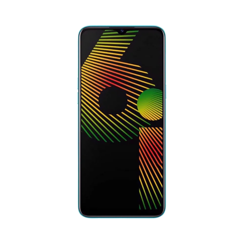 Réparation Realme 6i iTelier Lyon – téléphone présenté de face en position verticale, écran allumé avec fond noir et visuel coloré en forme de 6, idéal pour réparation écran, diagnostic offert et changement batterie rapide.