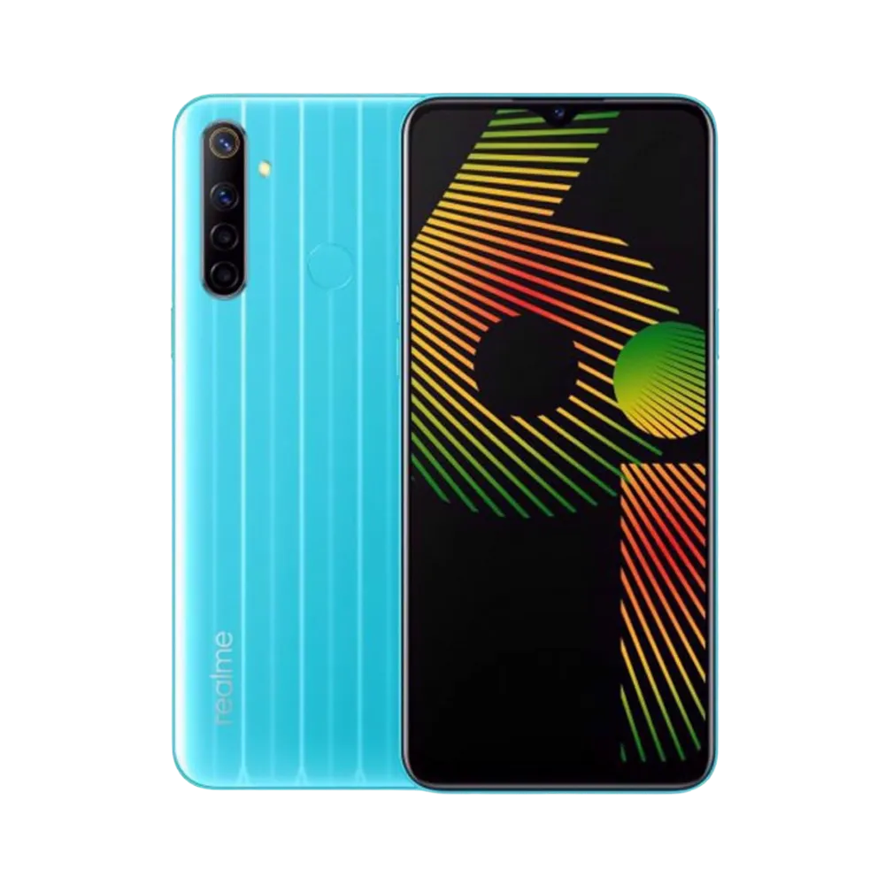 Réparation Realme 6i iTelier Lyon – smartphone affiché avec écran avant allumé en position verticale et dos bleu turquoise à reflets visibles à gauche, optimisé pour remplacement écran, batterie et diagnostic gratuit en boutique.