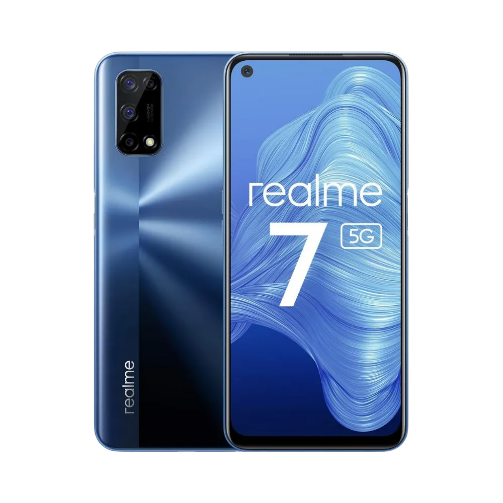 Réparation Realme 7 5G iTelier Lyon – smartphone affiché avec écran avant allumé en position verticale et dos bleu brillant visible à gauche, optimisé pour remplacement écran, batterie et diagnostic gratuit en boutique.