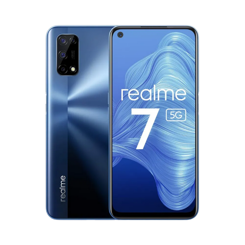 Réparation Realme 7 5G iTelier Lyon – smartphone affiché avec écran avant allumé en position verticale et dos bleu brillant visible à gauche, optimisé pour remplacement écran, batterie et diagnostic gratuit en boutique.