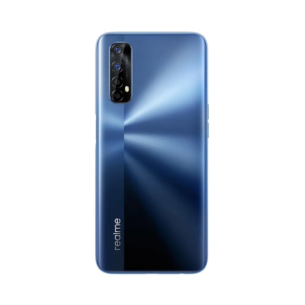 Réparation Realme 7 iTelier Lyon – smartphone montré de dos en position verticale, coloris bleu foncé avec module photo rectangulaire à quatre capteurs, optimisé pour réparation vitre arrière, caméra et batterie.