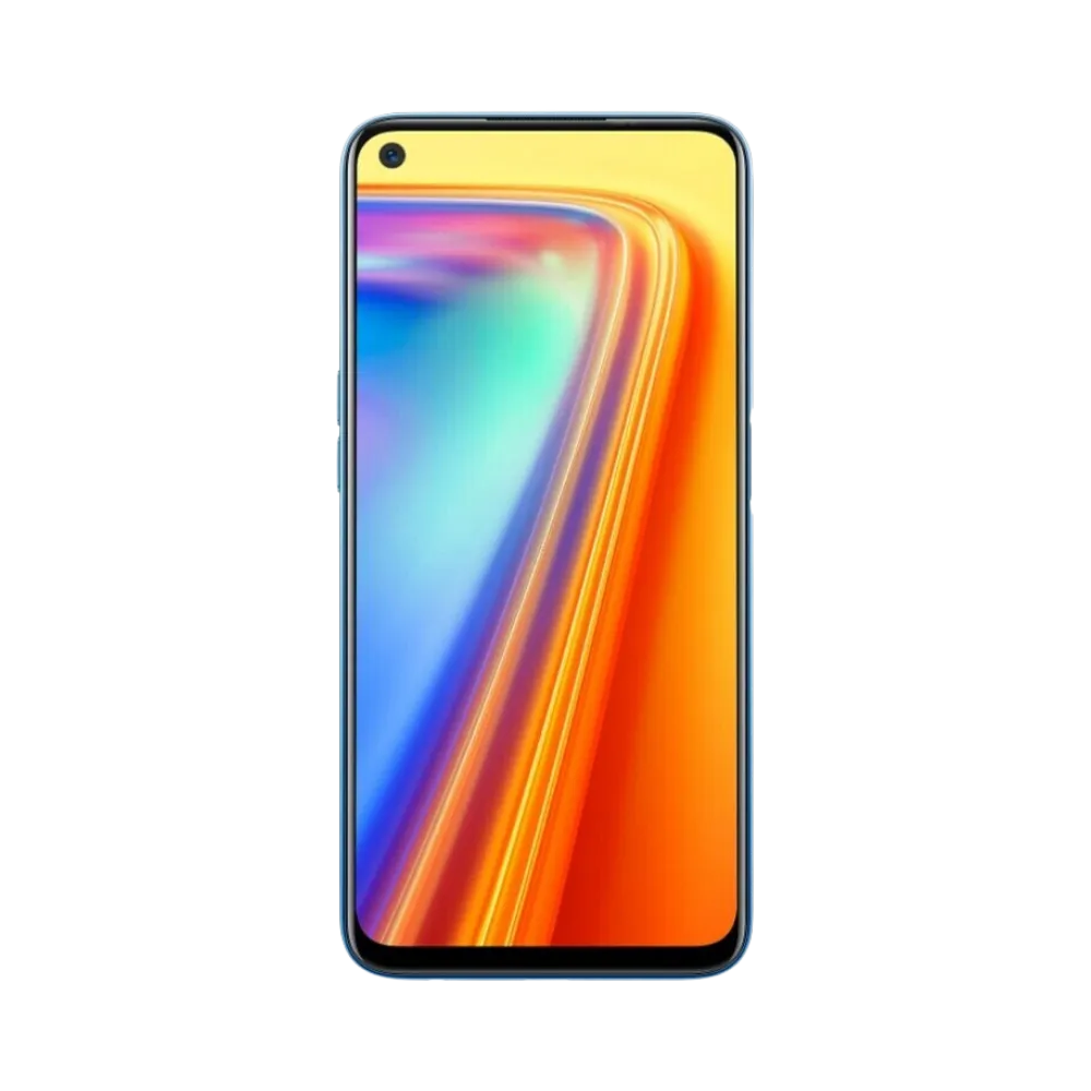 Réparation Realme 7 iTelier Lyon – téléphone présenté de face en position verticale, écran allumé avec fond coloré jaune, rouge et violet, idéal pour réparation écran, diagnostic offert et changement batterie rapide.