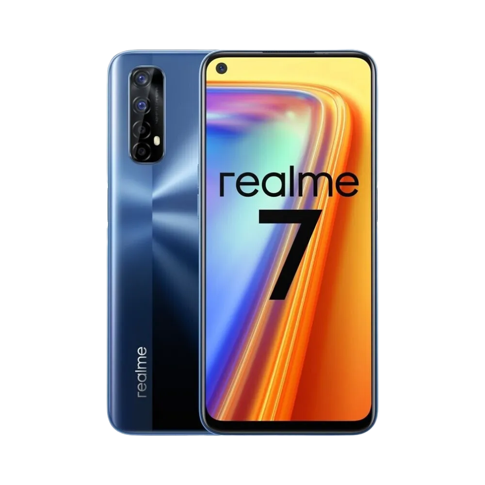 Réparation Realme 7 iTelier Lyon – smartphone affiché avec écran avant allumé en position verticale et dos bleu foncé visible à gauche, optimisé pour remplacement écran, batterie et diagnostic gratuit en boutique.