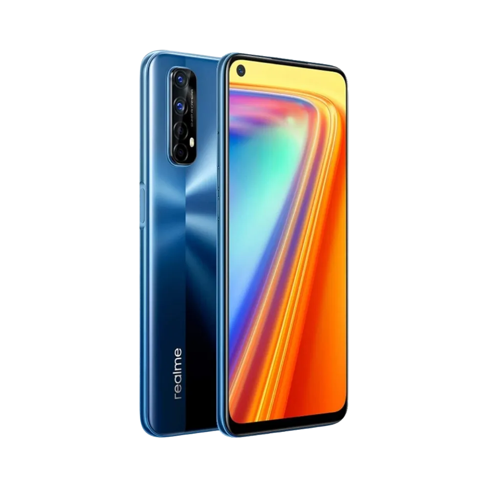 Réparation Realme 7 iTelier Lyon – smartphone présenté en légère inclinaison trois quarts, mettant en avant l’écran lumineux et le design arrière, optimisé pour réparation écran, vitre arrière et diagnostic complet.