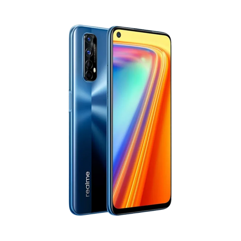 Réparation Realme 7 iTelier Lyon – smartphone présenté en légère inclinaison trois quarts, mettant en avant l’écran lumineux et le design arrière, optimisé pour réparation écran, vitre arrière et diagnostic complet.