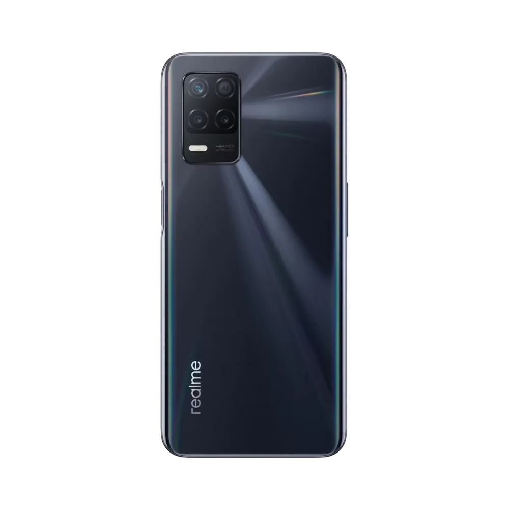 Réparation Realme 8 5G iTelier Lyon – smartphone montré de dos en position verticale, coloris noir brillant avec module photo rectangulaire à trois capteurs, optimisé pour réparation vitre arrière, caméra et batterie.