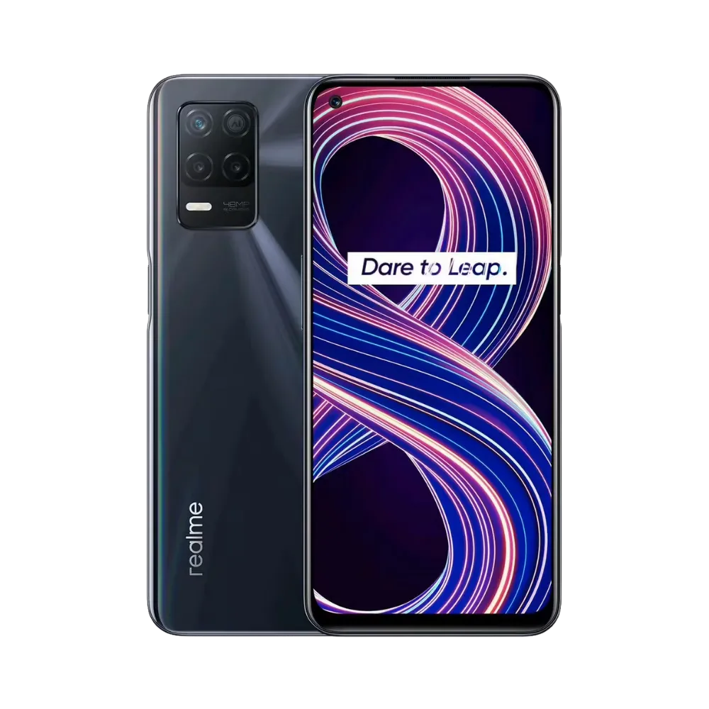 Réparation Realme 8 5G iTelier Lyon – smartphone affiché avec écran avant allumé en position verticale et dos noir brillant visible à gauche, optimisé pour remplacement écran, batterie et diagnostic gratuit en boutique.