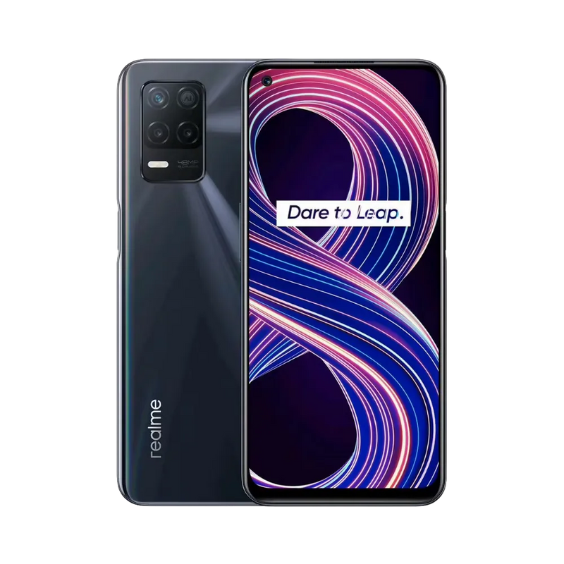 Réparation Realme 8 5G iTelier Lyon – smartphone affiché avec écran avant allumé en position verticale et dos noir brillant visible à gauche, optimisé pour remplacement écran, batterie et diagnostic gratuit en boutique.
