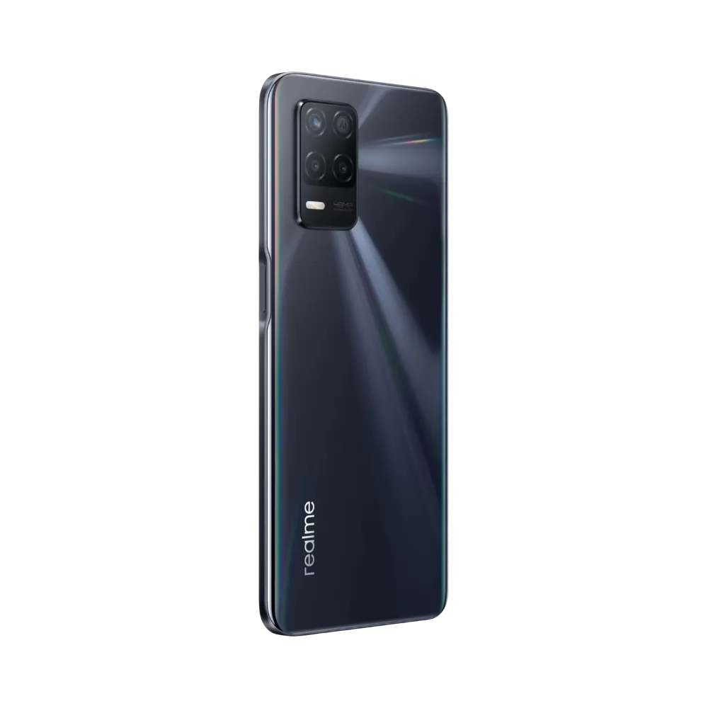 Réparation Realme 8 5G iTelier Lyon – smartphone affiché de profil gauche et droit en position verticale, finesse et boutons latéraux visibles, adapté aux réparations bouton power, volume et remplacement connecteur de charge.