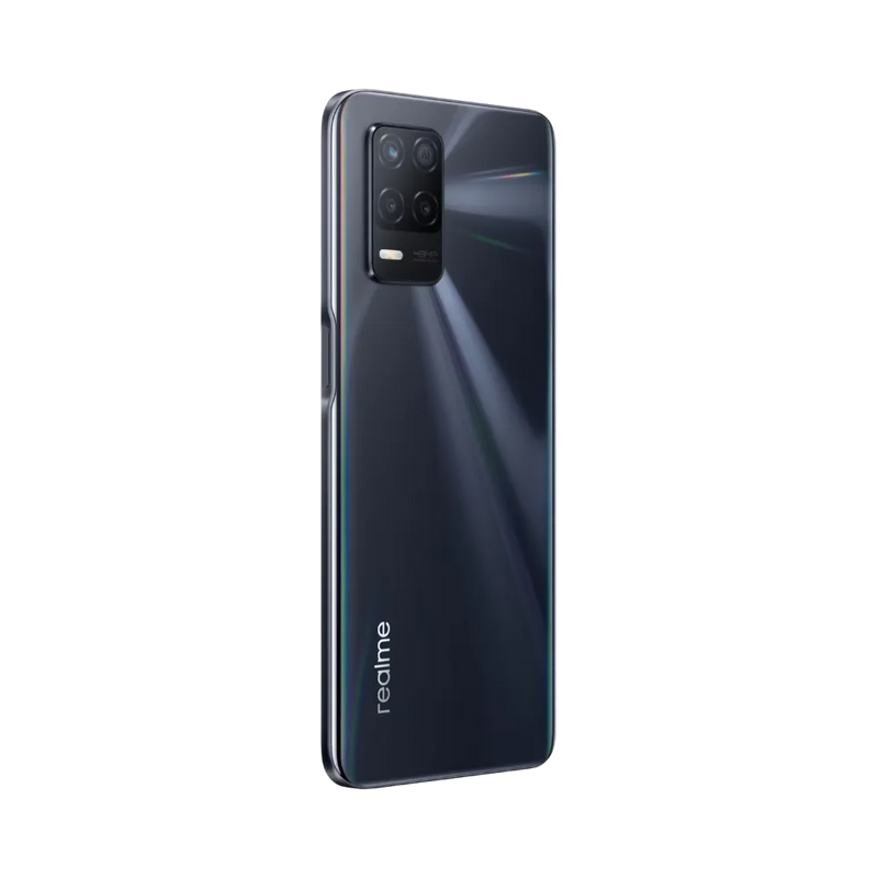 Réparation Realme 8 5G iTelier Lyon – smartphone affiché de profil gauche et droit en position verticale, finesse et boutons latéraux visibles, adapté aux réparations bouton power, volume et remplacement connecteur de charge.