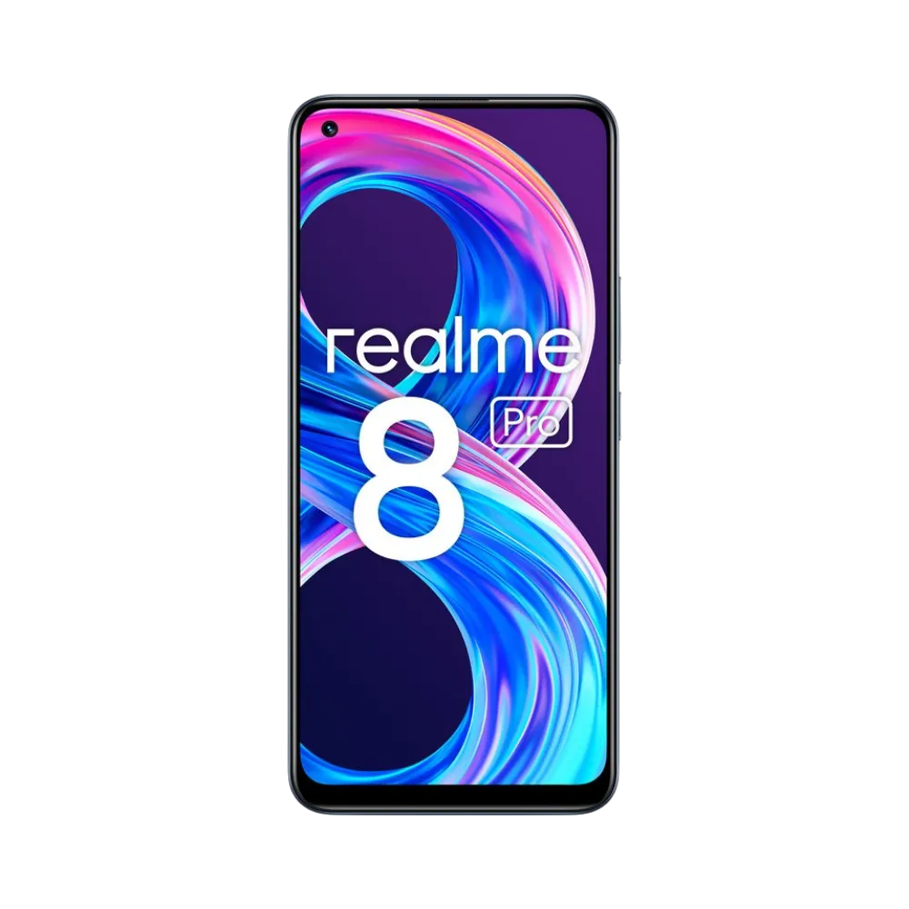 Réparation Realme 8 Pro iTelier Lyon – téléphone présenté de face en position verticale, écran allumé avec fond violet et bleu marqué Realme 8, idéal pour réparation écran, diagnostic offert et changement batterie rapide.