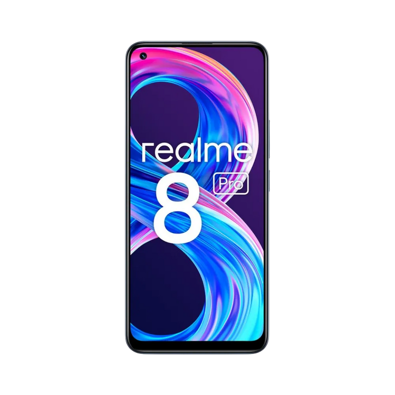 Réparation Realme 8 Pro iTelier Lyon – téléphone présenté de face en position verticale, écran allumé avec fond violet et bleu marqué Realme 8, idéal pour réparation écran, diagnostic offert et changement batterie rapide.