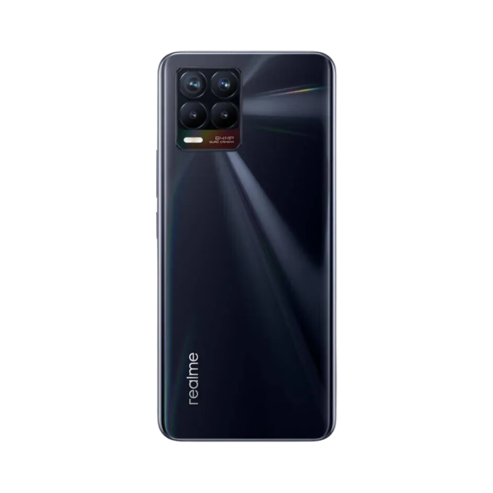 Réparation Realme 8 iTelier Lyon – smartphone montré de dos en position verticale, coloris noir brillant avec module photo carré à quatre capteurs, optimisé pour réparation vitre arrière, caméra et batterie.