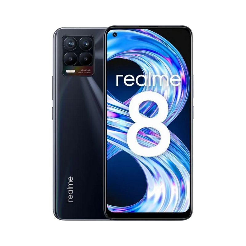 Réparation Realme 8 iTelier Lyon – smartphone affiché avec écran avant allumé en position verticale et dos noir brillant visible à gauche, optimisé pour remplacement écran, batterie et diagnostic gratuit en boutique.