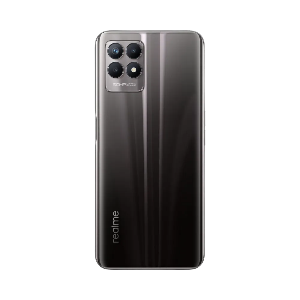 Réparation Realme 8i iTelier Lyon – smartphone montré de dos en position verticale, coloris noir brillant avec module photo carré à trois capteurs, optimisé pour réparation vitre arrière, caméra et batterie.