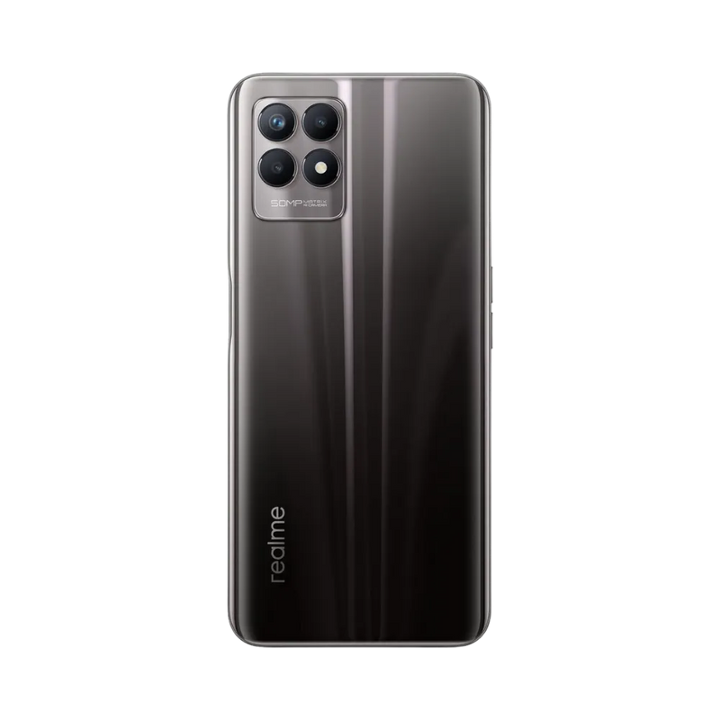 Réparation Realme 8i iTelier Lyon – smartphone montré de dos en position verticale, coloris noir brillant avec module photo carré à trois capteurs, optimisé pour réparation vitre arrière, caméra et batterie.