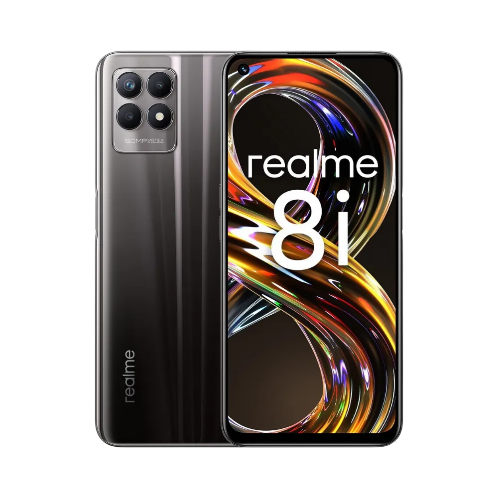 Réparation Realme 8i iTelier Lyon – smartphone affiché avec écran avant allumé en position verticale et dos noir brillant visible à gauche, optimisé pour remplacement écran, batterie et diagnostic gratuit en boutique.