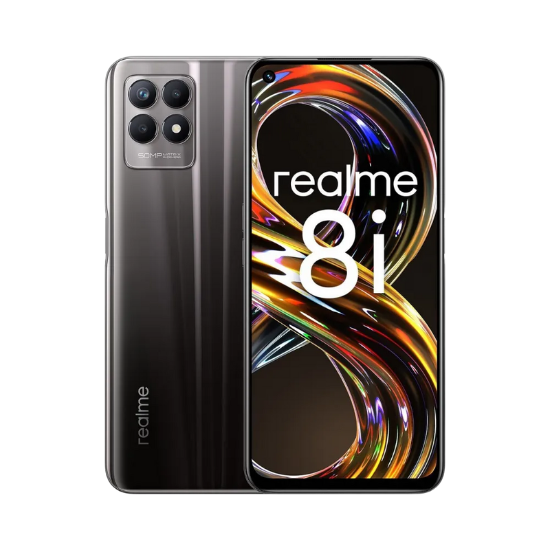 Réparation Realme 8i iTelier Lyon – smartphone affiché avec écran avant allumé en position verticale et dos noir brillant visible à gauche, optimisé pour remplacement écran, batterie et diagnostic gratuit en boutique.