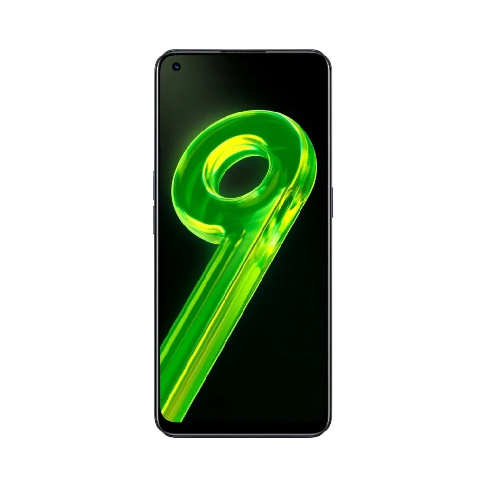 Réparation Realme 9 4G iTelier Lyon – téléphone présenté de face en position verticale, écran allumé avec visuel vert fluorescent et logo Drive to Leap, idéal pour réparation écran, changement batterie et diagnostic offert.