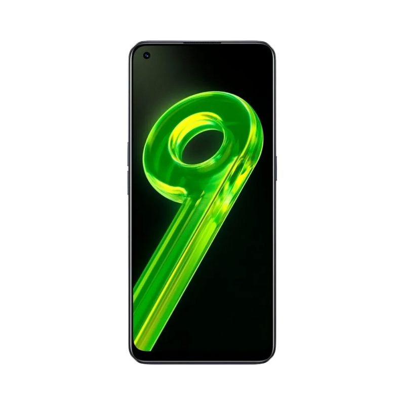 Réparation Realme 9 4G iTelier Lyon – téléphone présenté de face en position verticale, écran allumé avec visuel vert fluorescent et logo Drive to Leap, idéal pour réparation écran, changement batterie et diagnostic offert.
