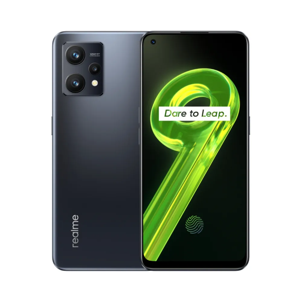 Réparation Realme 9 4G iTelier Lyon – smartphone affiché avec écran avant allumé en position verticale et dos noir mat visible à gauche, optimisé pour remplacement écran, batterie et diagnostic gratuit en boutique.