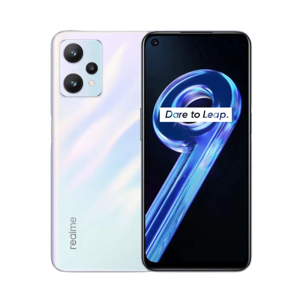 Réparation Realme 9 5G iTelier Lyon – smartphone affiché avec écran avant allumé en position verticale et dos nacré brillant visible à gauche, optimisé pour remplacement écran, batterie et diagnostic gratuit en boutique.