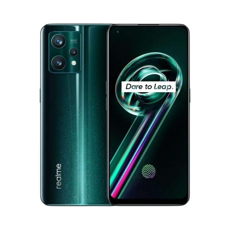 Réparation Realme 9 Pro+ iTelier Lyon – smartphone affiché avec écran avant allumé en position verticale et dos vert foncé dégradé visible à gauche, optimisé pour remplacement écran, batterie et diagnostic gratuit en boutique.