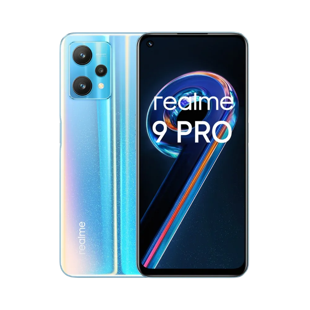 Réparation Realme 9 Pro iTelier Lyon – smartphone affiché avec écran avant allumé en position verticale et dos bleu dégradé visible à gauche, optimisé pour remplacement écran, batterie et diagnostic gratuit en boutique.
