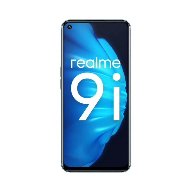 Réparation Realme 9i iTelier Lyon – téléphone présenté de face en position verticale, écran allumé avec fond bleu et logo Realme 9i, idéal pour réparation écran, changement batterie et diagnostic offert.