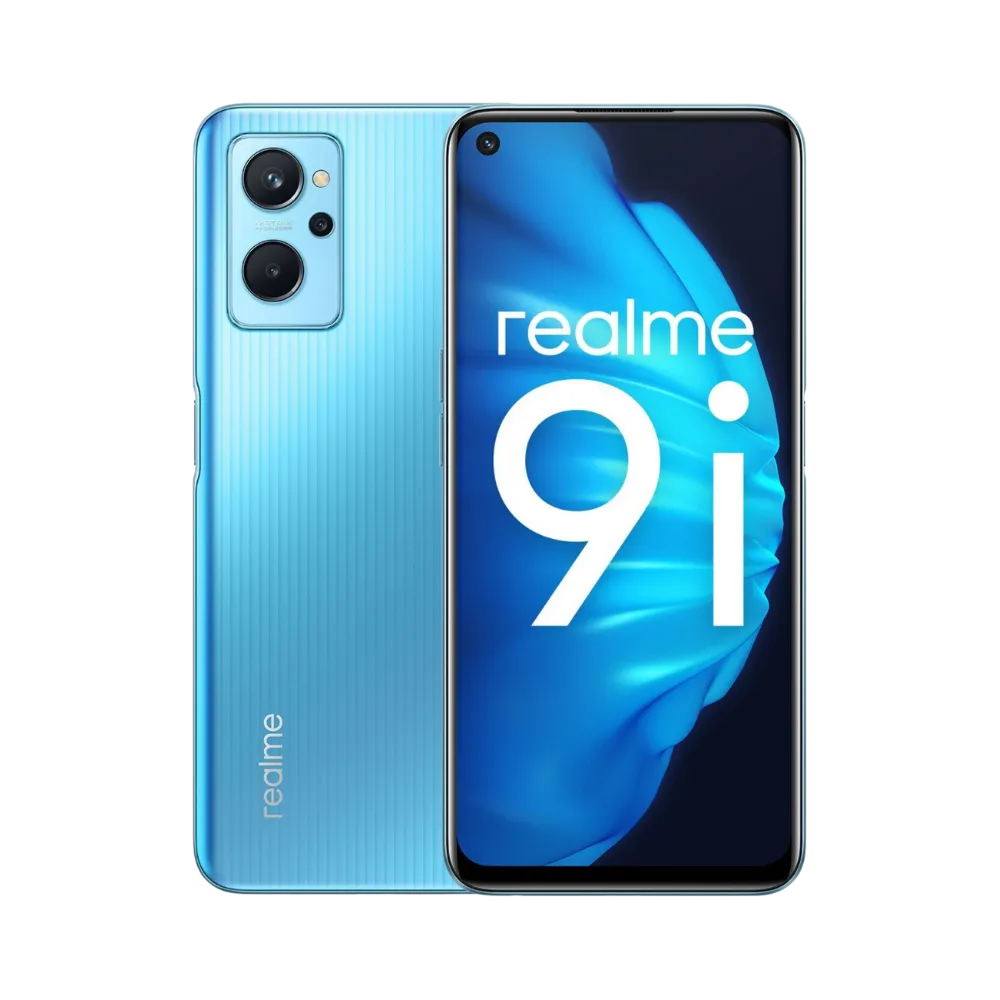Réparation Realme 9i iTelier Lyon – smartphone affiché avec écran avant allumé en position verticale et dos bleu clair dégradé visible à gauche, optimisé pour remplacement écran, batterie et diagnostic gratuit en boutique.
