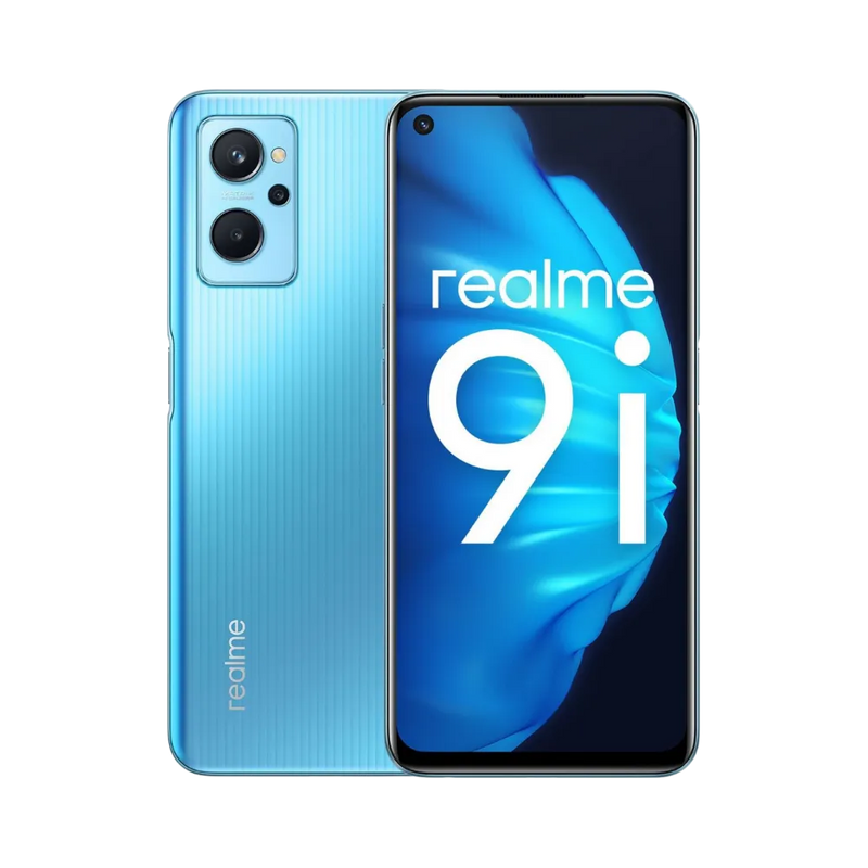 Réparation Realme 9i iTelier Lyon – smartphone affiché avec écran avant allumé en position verticale et dos bleu clair dégradé visible à gauche, optimisé pour remplacement écran, batterie et diagnostic gratuit en boutique.