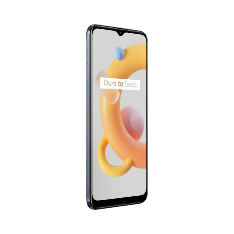 Réparation Realme C11 2021 iTelier Lyon – téléphone présenté de face en position verticale, écran allumé avec fond blanc et orange marqué Realme C11, idéal pour réparation écran, diagnostic offert et changement batterie rapide.