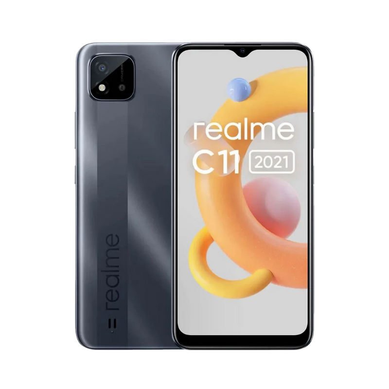 Réparation Realme C11 2021 iTelier Lyon – smartphone affiché avec écran avant allumé en position verticale et dos gris foncé visible à gauche, optimisé pour remplacement écran, batterie et diagnostic gratuit en boutique.